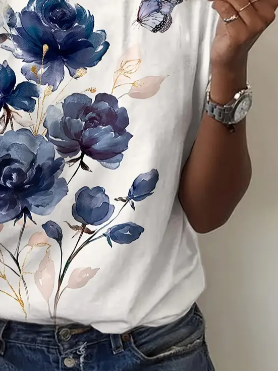 Women's Floral Print Casual Crew Neck Short Sleeve T-Shirt