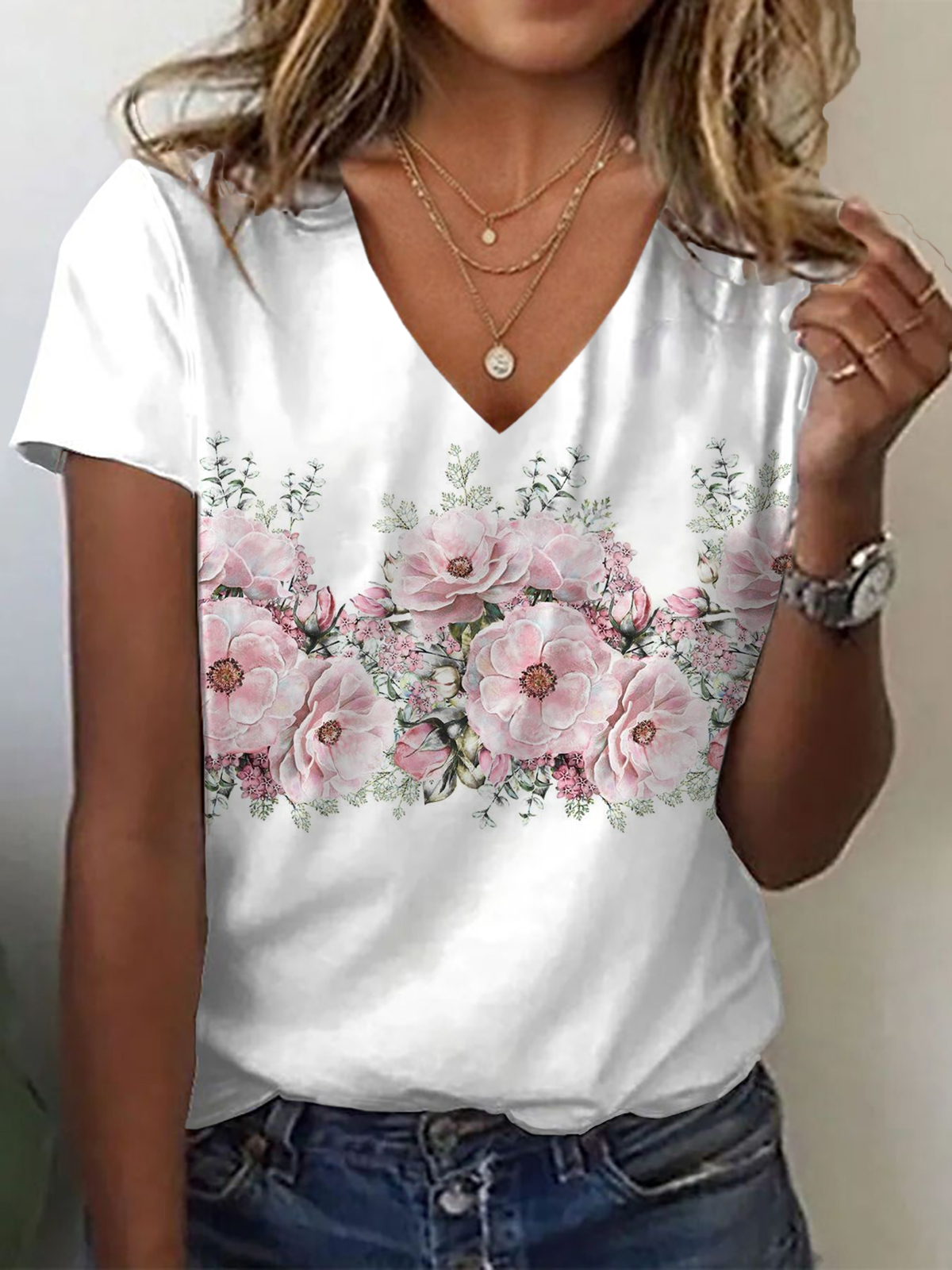 Women's Floral Spring Print Casual V-Neck Short Sleeve T-Shirt