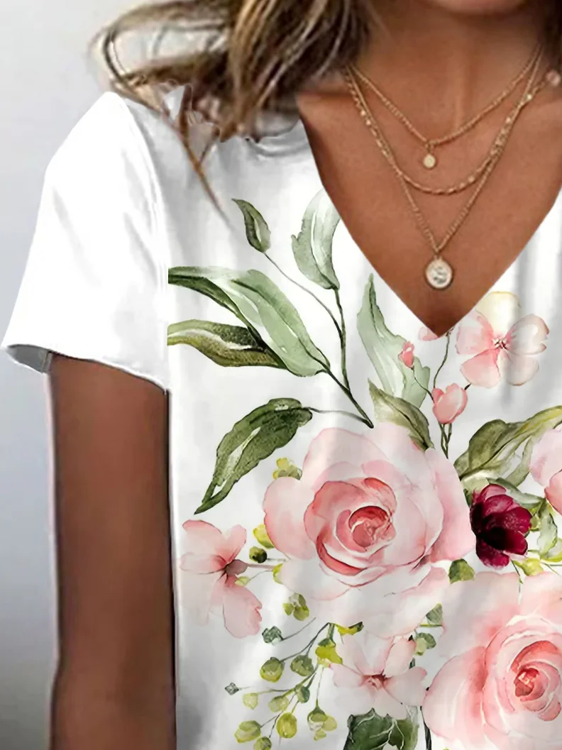 Women's Floral Spring Print Casual V-Neck Short Sleeve T-Shirt