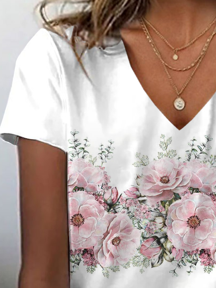 Women's Floral Spring Print Casual V-Neck Short Sleeve T-Shirt