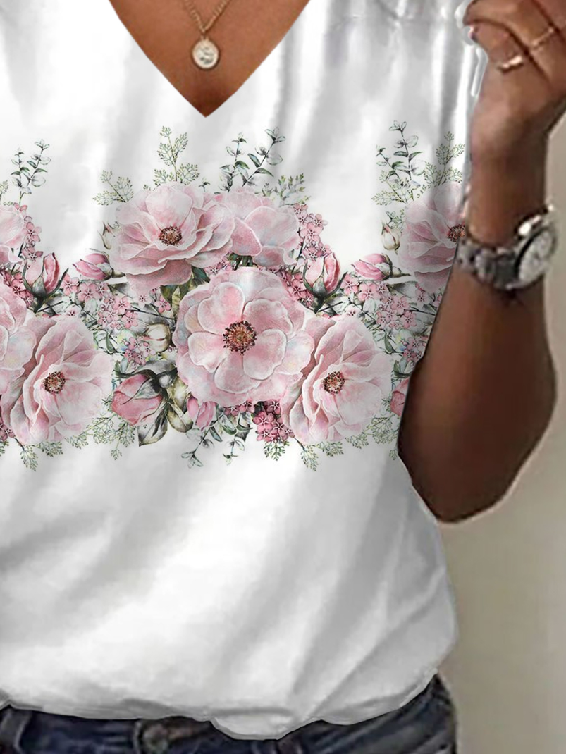Women's Floral Spring Print Casual V-Neck Short Sleeve T-Shirt