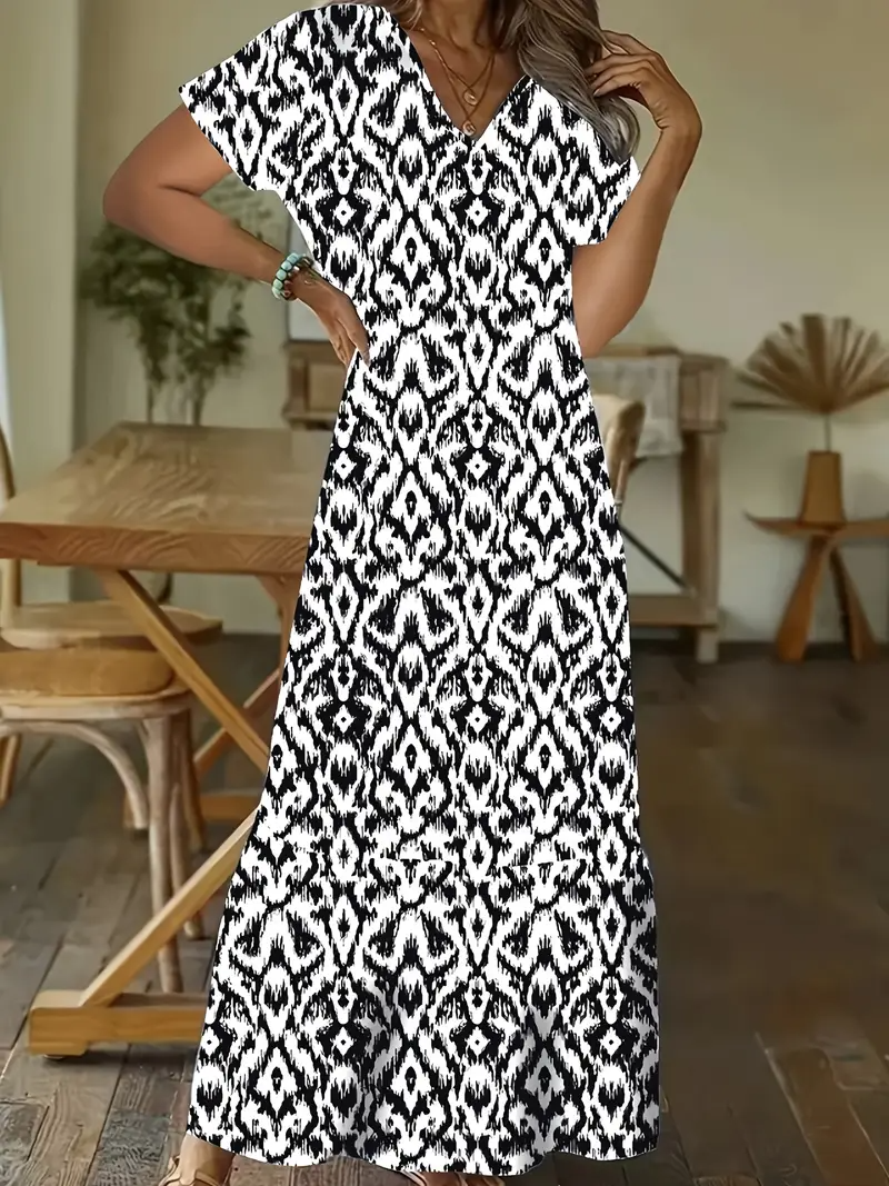 Loose V Neck Casual Dress With No
