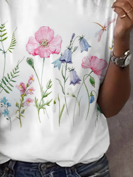 Women's Floral Spring Print Casual Round Neck Short Sleeve T-Shirt
