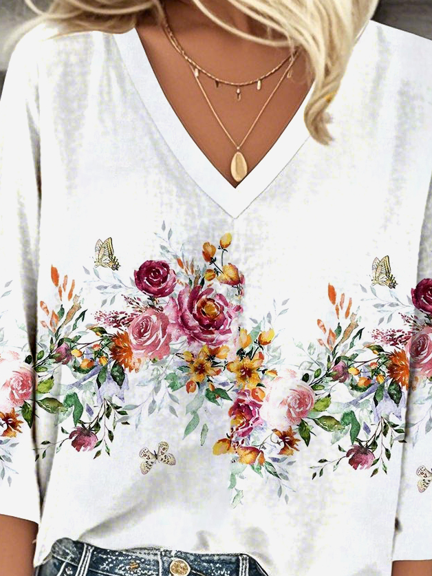 V Neck Floral Casual Loose Blouse
