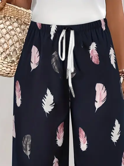 Women's Spring and Summer Feather Print Casual Straight Tie Cropped Pants