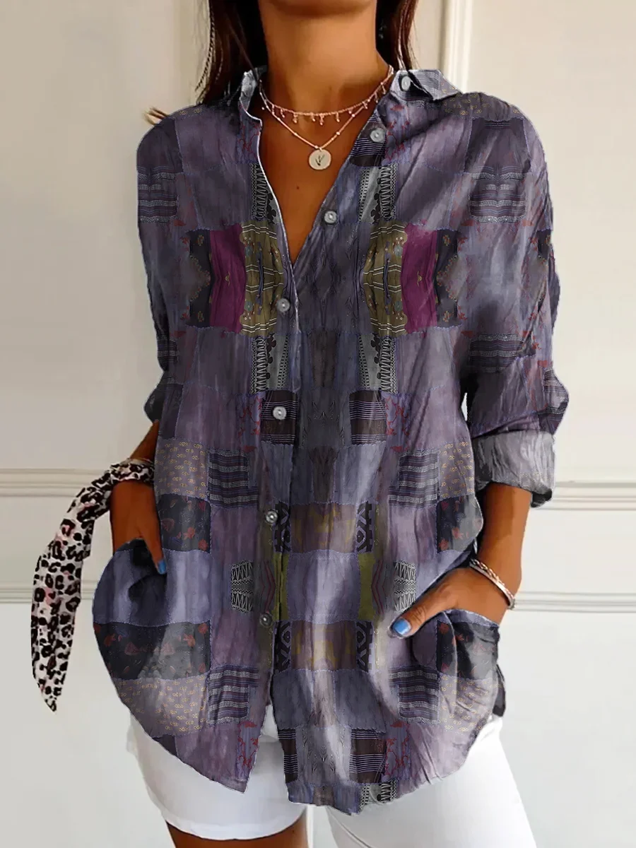 Women's Long Sleeve Shirt Spring/Fall Purple Geometric Buckle Shirt Collar Daily Going Out Casual Top