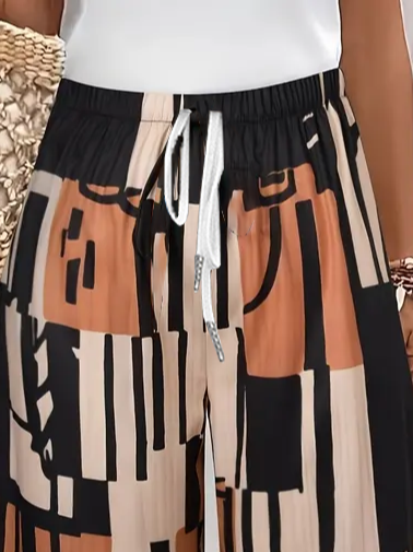 Women's Spring and Summer Geometric Print Casual Straight Tie Cropped Pants