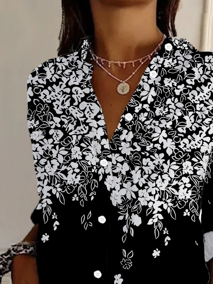 Women's Long Sleeve Shirt Spring/Fall Black Floral Buckle Shirt Collar Daily Going Out Casual Top