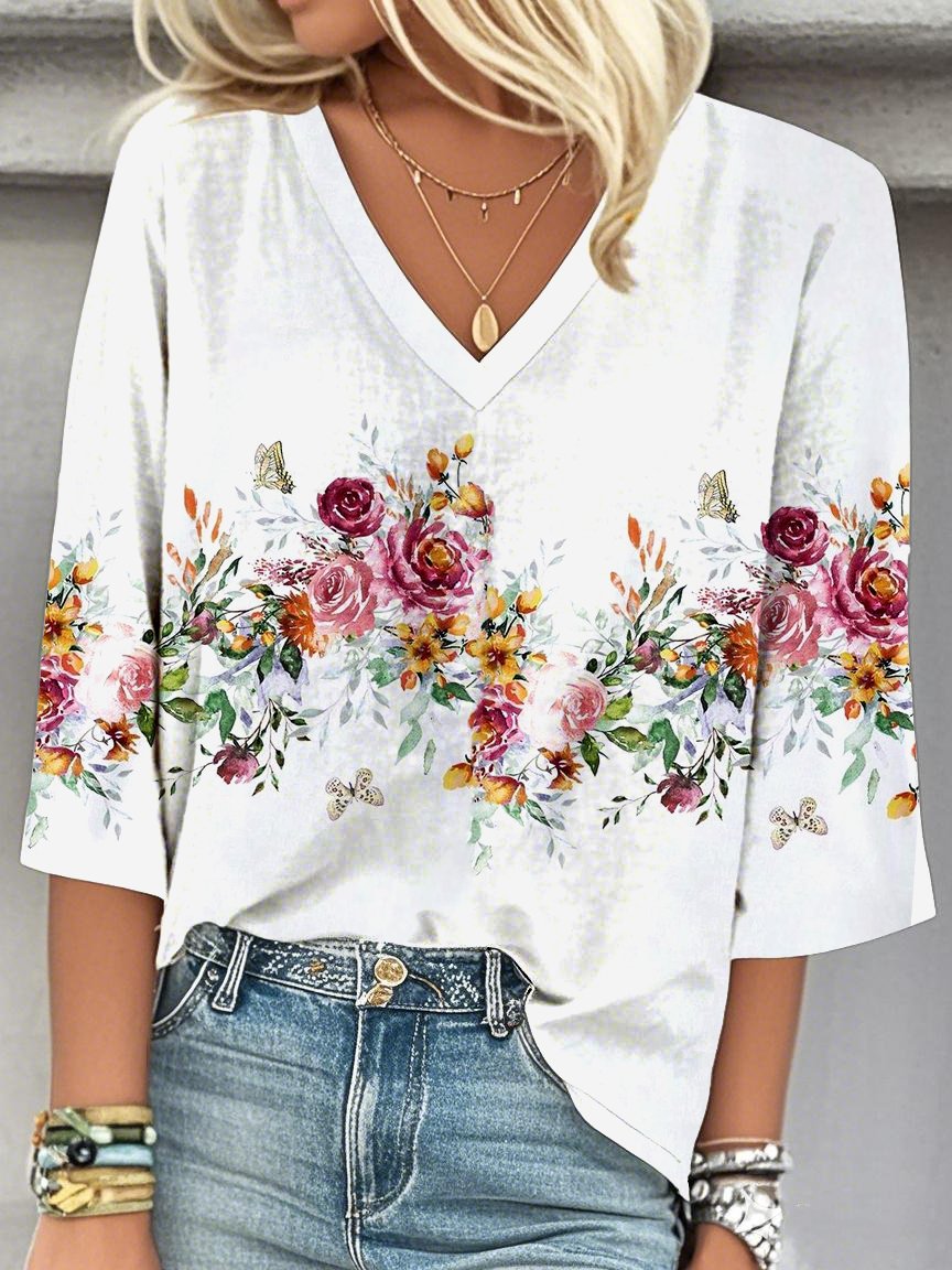 V Neck Floral Casual Loose Blouse