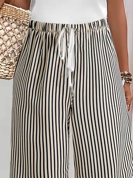 Women's Spring and Summer Striped Printed Casual Straight Tie Cropped Pants