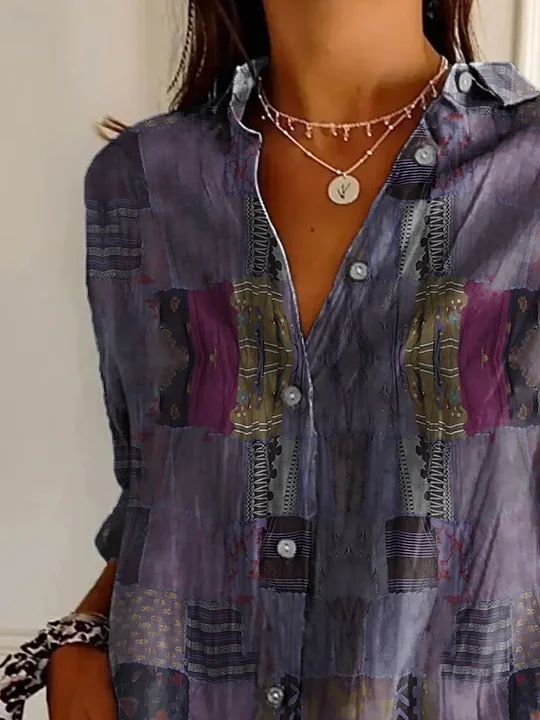 Women's Long Sleeve Shirt Spring/Fall Purple Geometric Buckle Shirt Collar Daily Going Out Casual Top