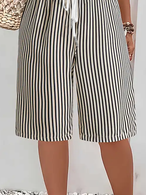 Women's Spring and Summer Striped Printed Casual Straight Tie Cropped Pants