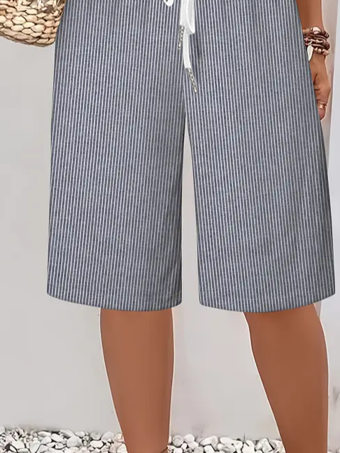 Women's Spring and Summer Striped Printed Casual Straight Tie Cropped Pants