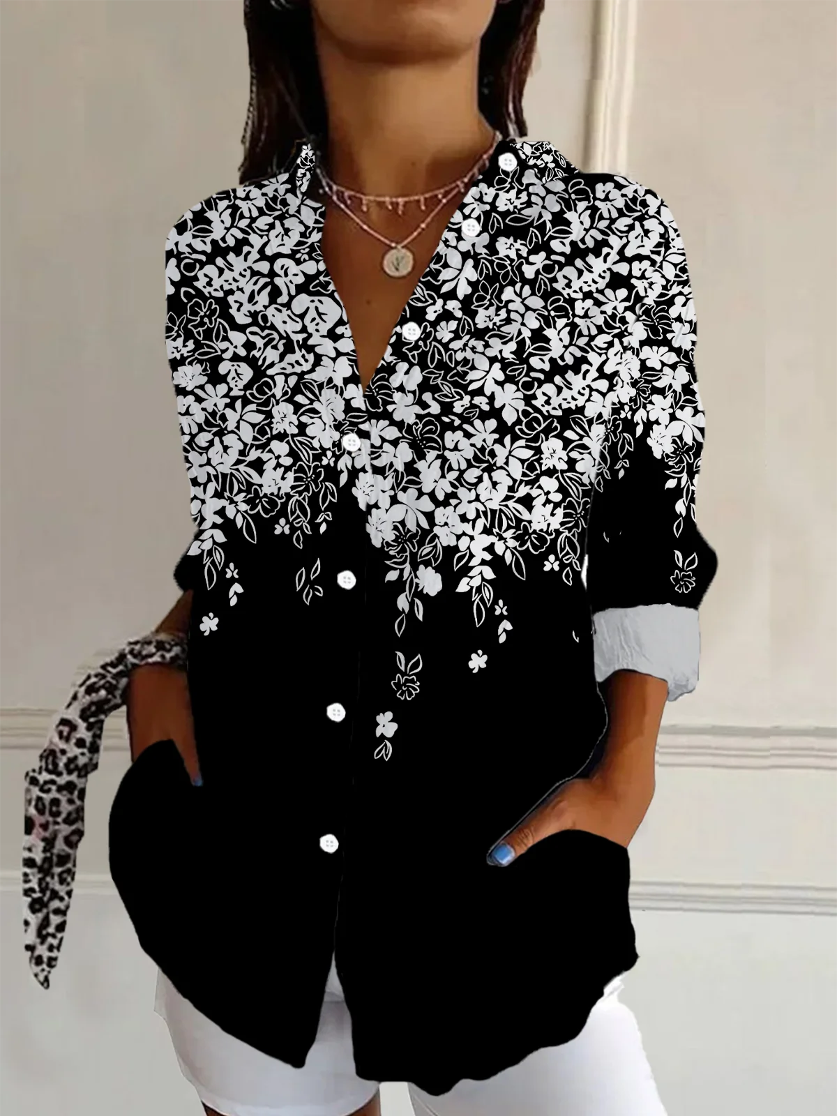 Women's Long Sleeve Shirt Spring/Fall Black Floral Buckle Shirt Collar Daily Going Out Casual Top