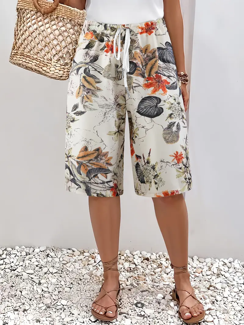 Women's Spring and Summer Floral Print Casual Straight Lace-up Pants