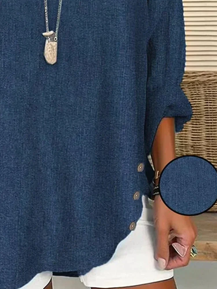 Women's Spring and Summer Imitation Denim Printed Casual Long Sleeve V-Neck Shirt