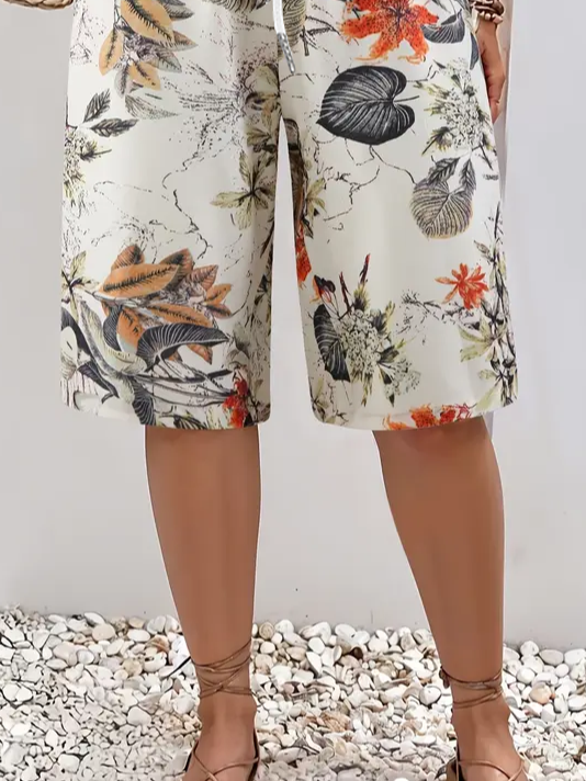Women's Spring and Summer Floral Print Casual Straight Lace-up Pants