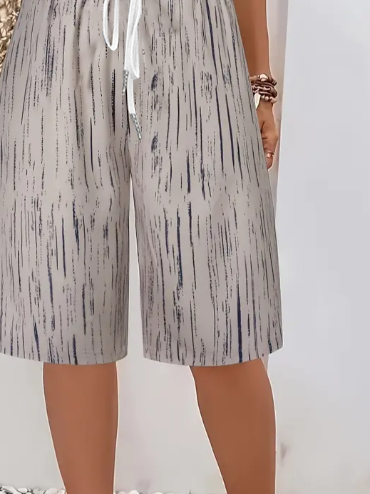 Women's Spring and Summer Striped Print Casual Straight Lace-up Pants