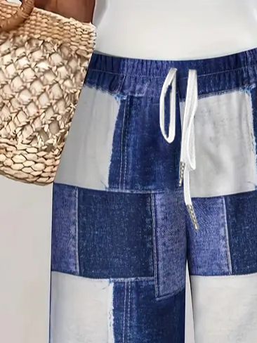 Women's Spring and Summer Plaid Print Casual Straight Lace-up Pants