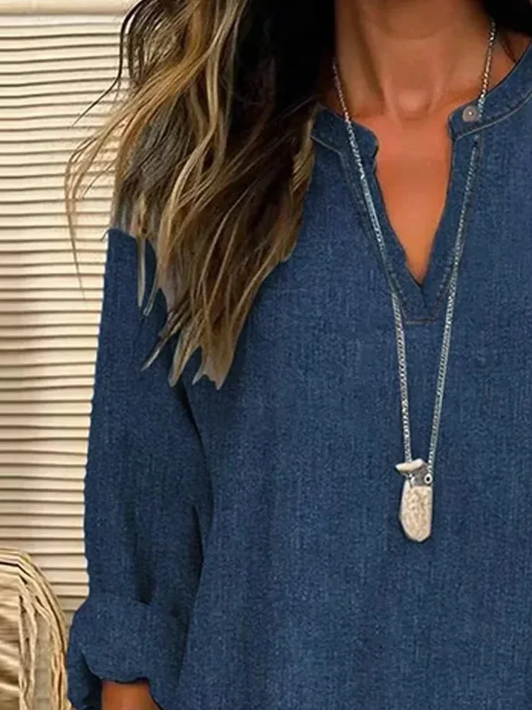Women's Spring and Summer Imitation Denim Printed Casual Long Sleeve V-Neck Shirt