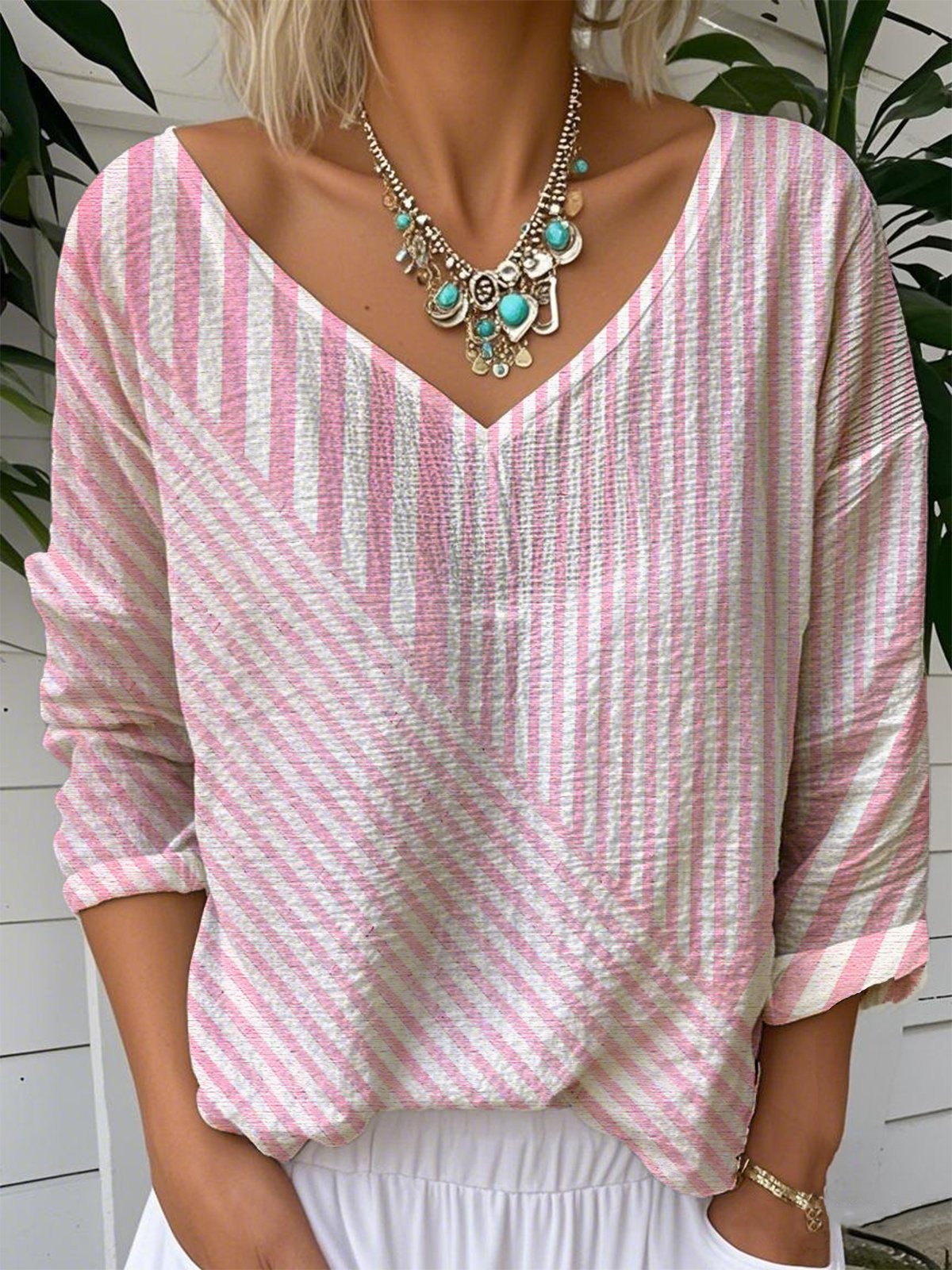 Casual V Neck Striped Loose T-Shirt