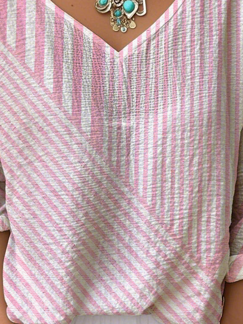Casual V Neck Striped Loose T-Shirt