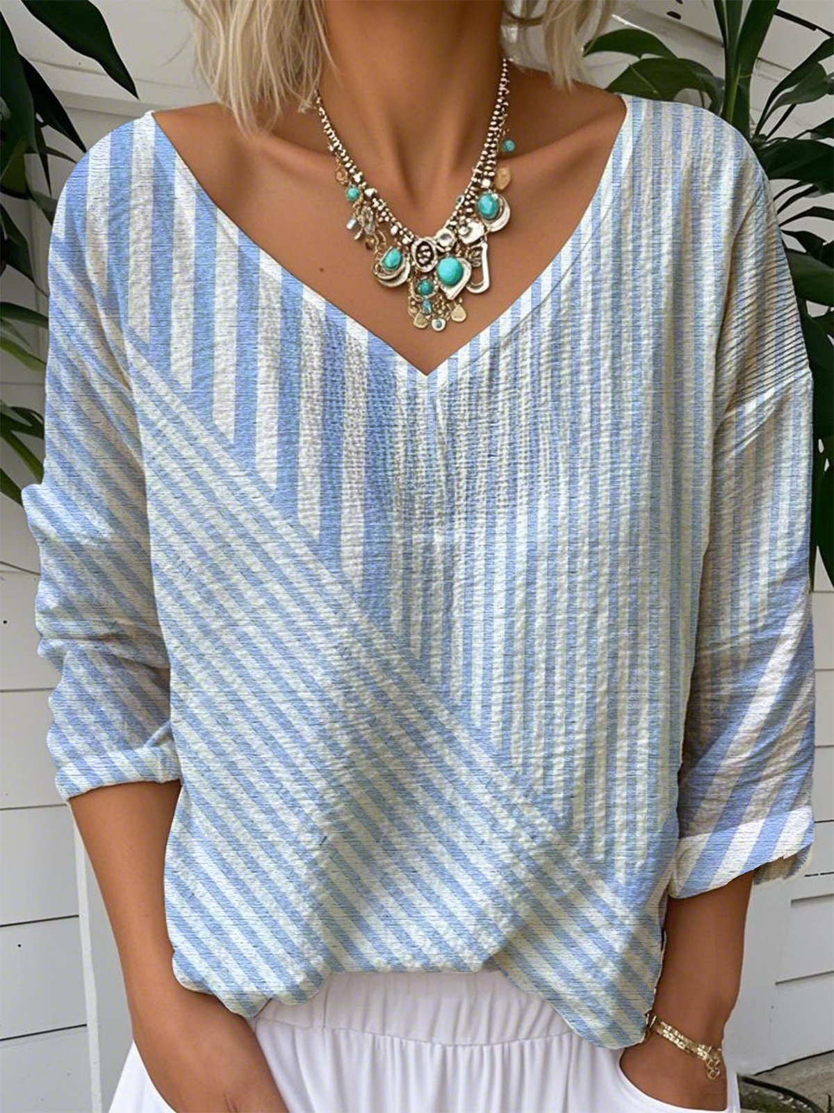 Casual V Neck Striped Loose T-Shirt