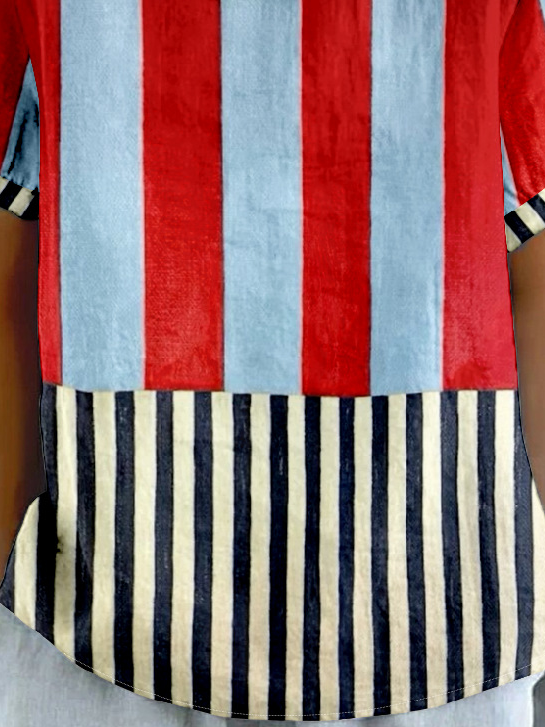 Multicolor Block Vintage Loose Shawl Collar T-Shirt