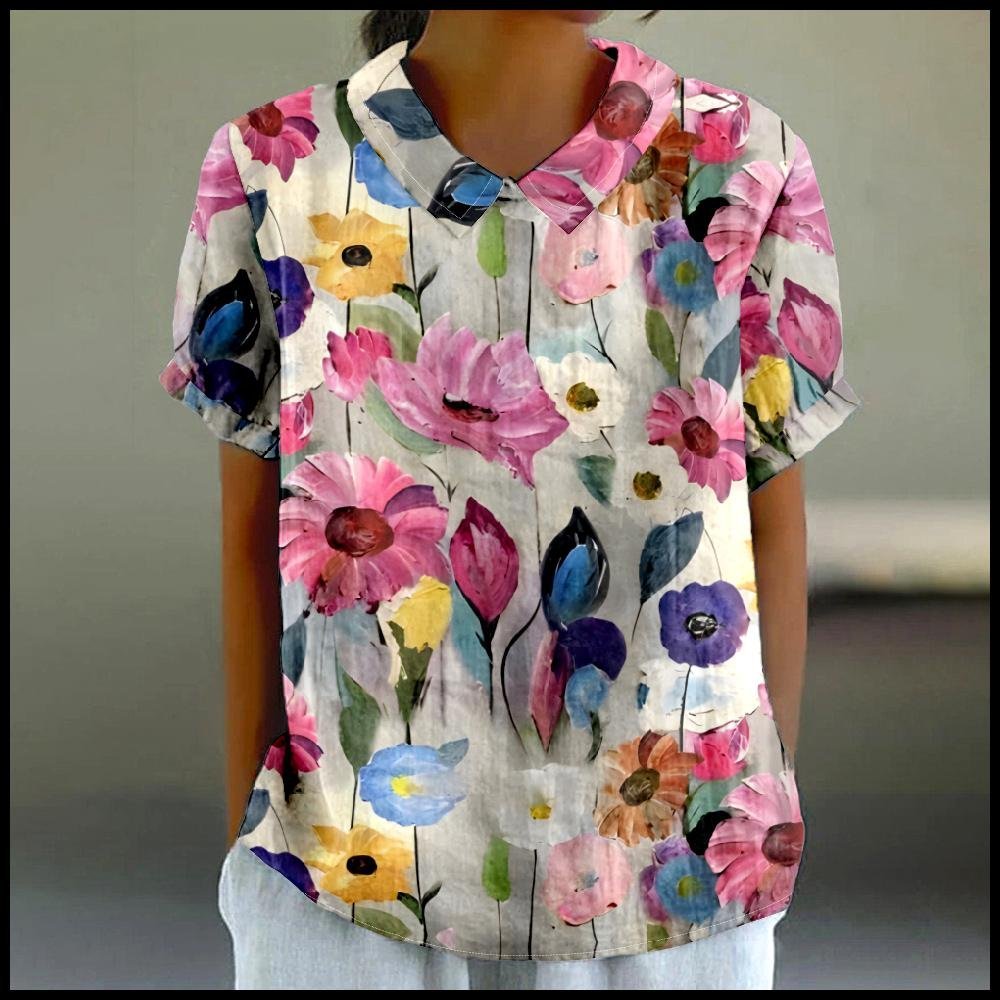 Shawl Collar Vintage Floral Loose T-Shirt
