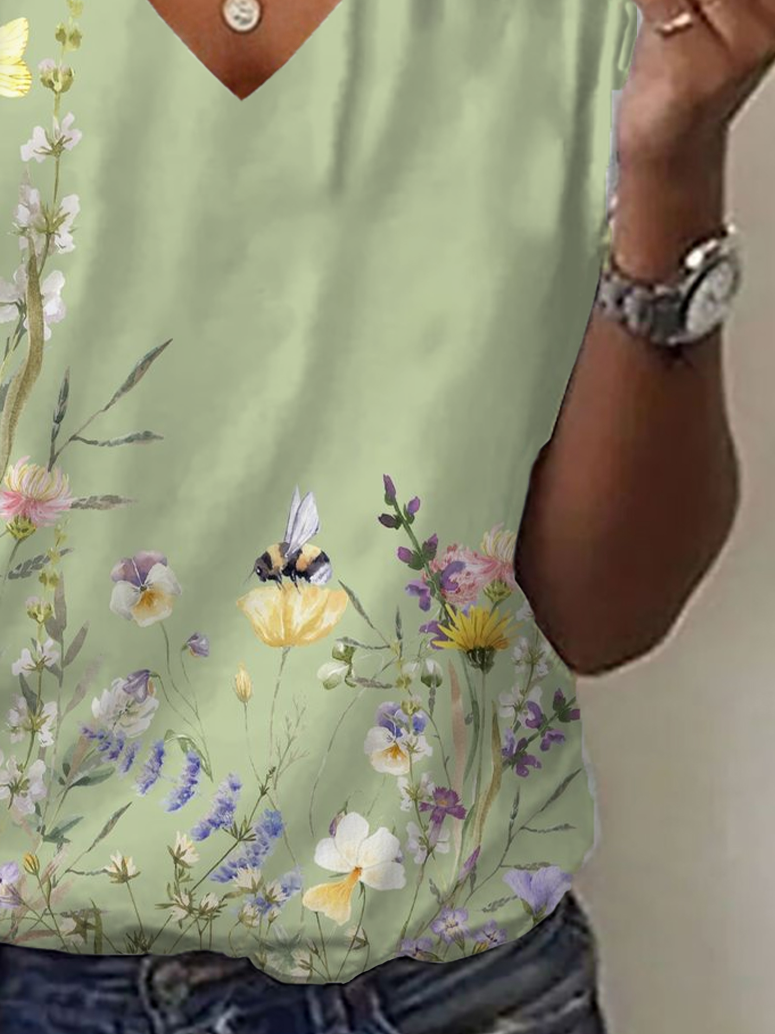 Women's Spring and Summer Floral Print Casual V-Neck Short Sleeve T-Shirt