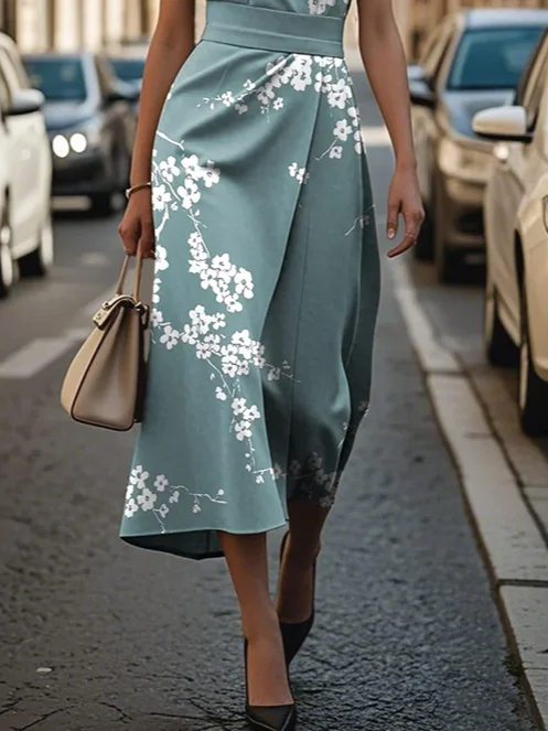 Women's Sleeveless Summer Green Floral Printing Crew Neck Daily Going Out Vintage Maxi H-Line Shift Dress Dress