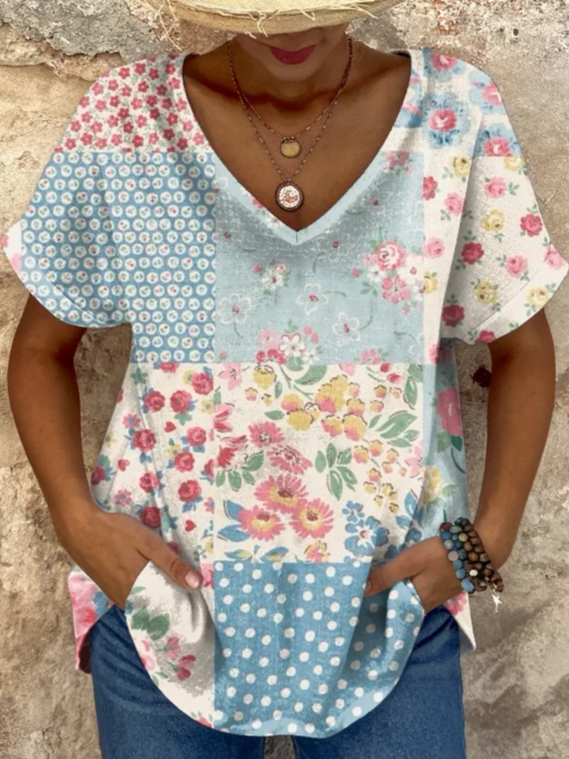 Ladies vintage floral print casual Loose Casual T-Shirt