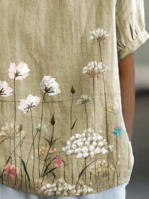 Women's Floral Spring Print Lapel Short Sleeve Shirt