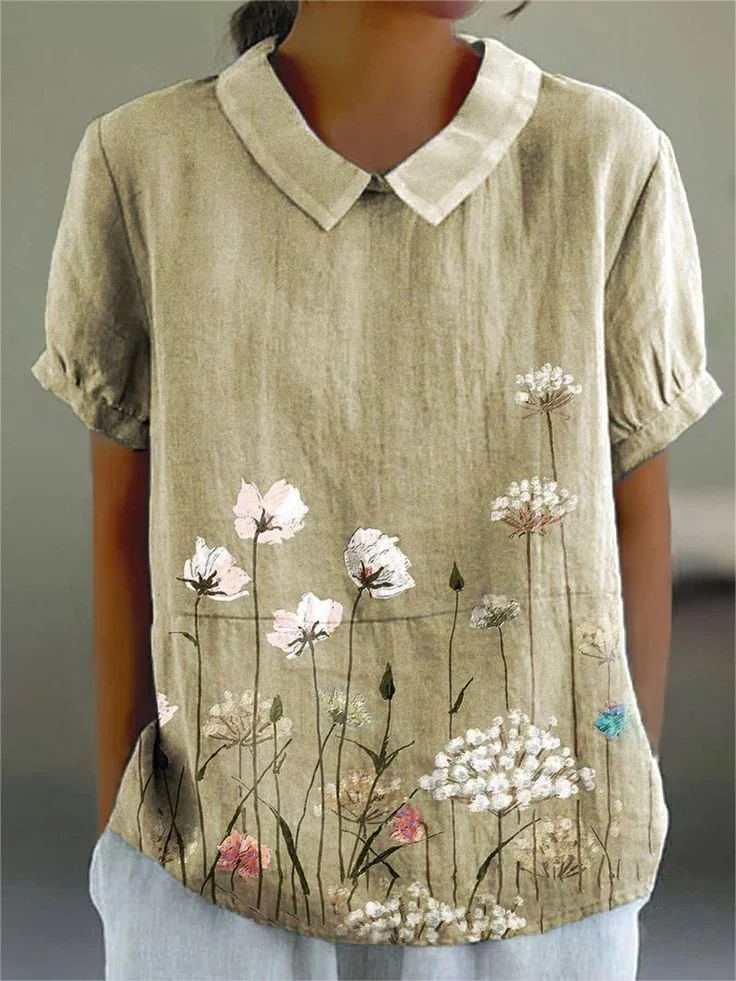 Women's Floral Spring Print Lapel Short Sleeve Shirt