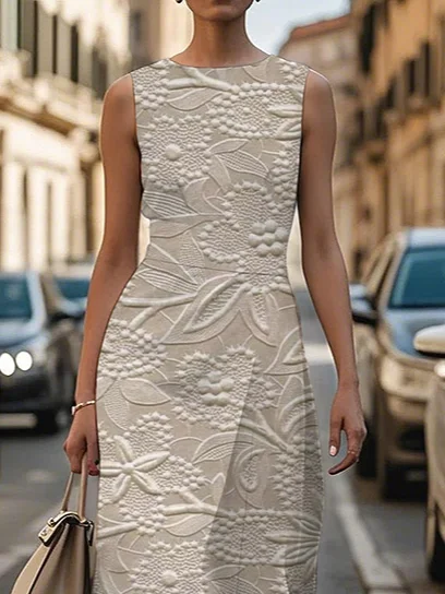 Women's Sleeveless Summer Apricot Floral Printing Crew Neck Daily Going Out Vintage Maxi H-Line Shift Dress Dress