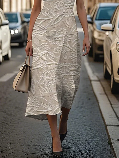 Women's Sleeveless Summer Apricot Floral Printing Crew Neck Daily Going Out Vintage Maxi H-Line Shift Dress Dress