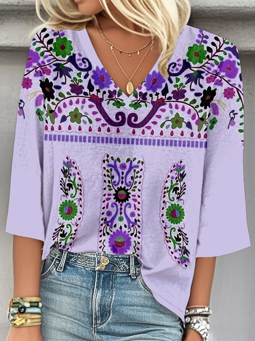 Loose Casual Ethnic Geometry V Neck Blouse