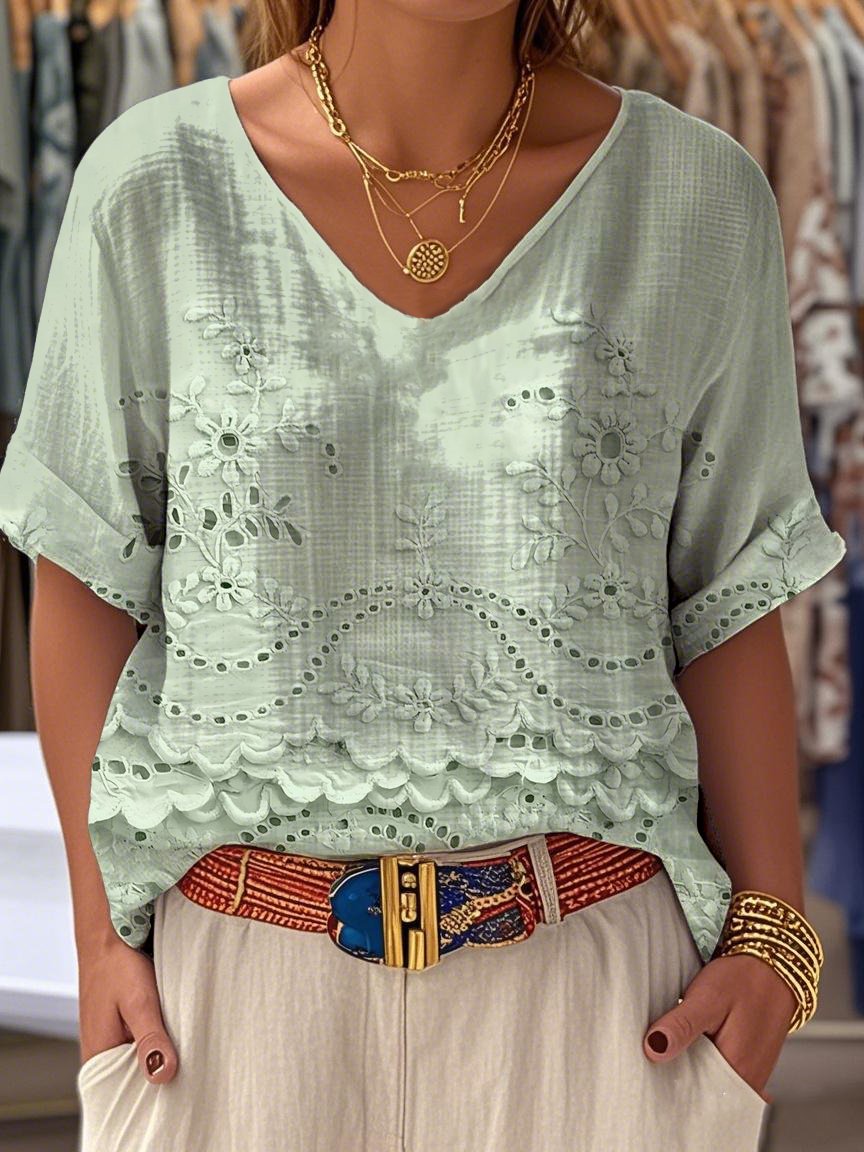 V Neck Casual Plain Loose Blouse