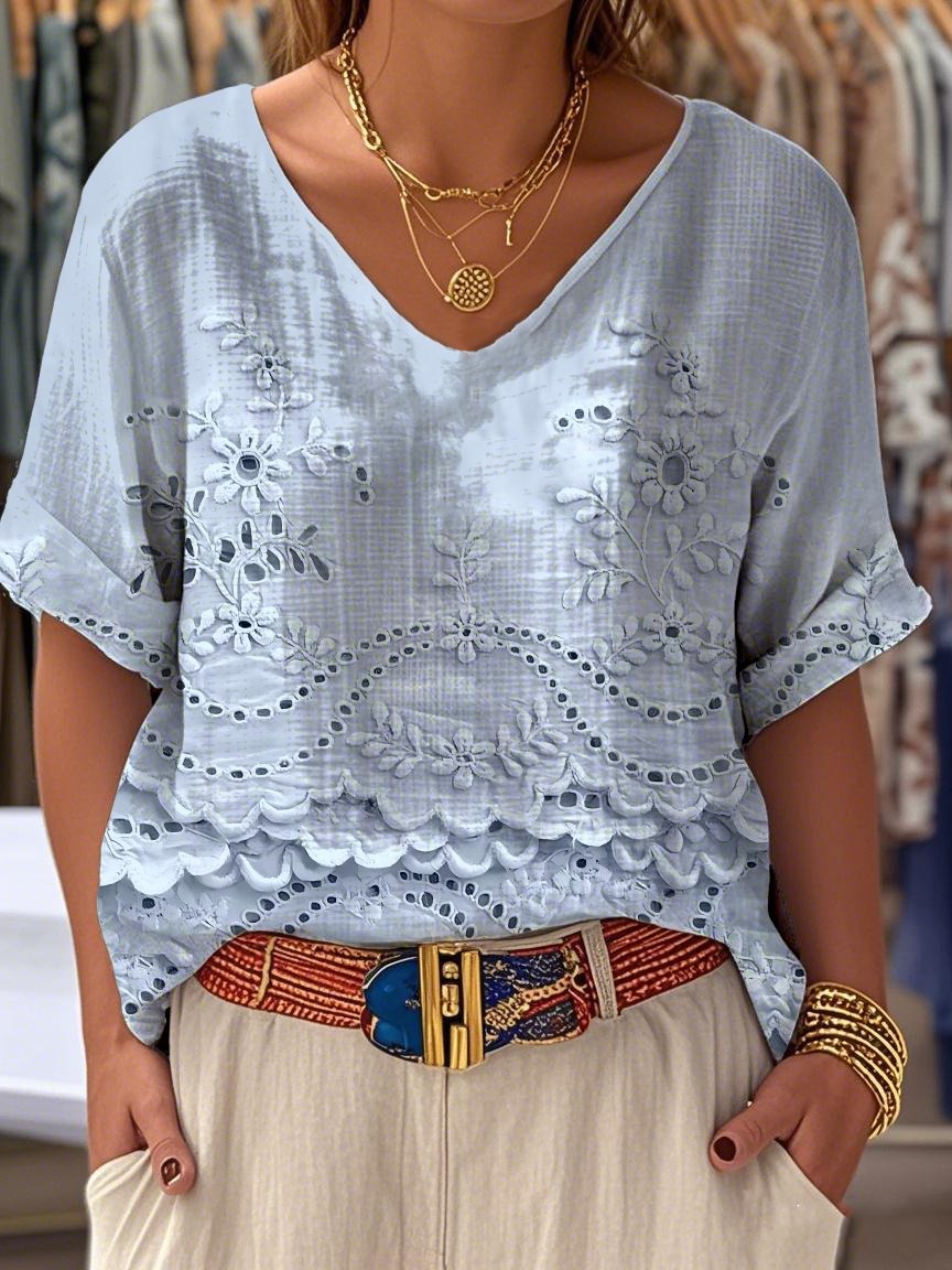 V Neck Casual Plain Loose Blouse