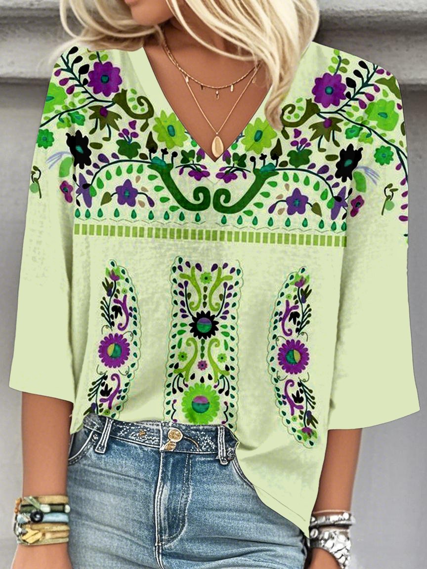 Loose Casual Ethnic Geometry V Neck Blouse