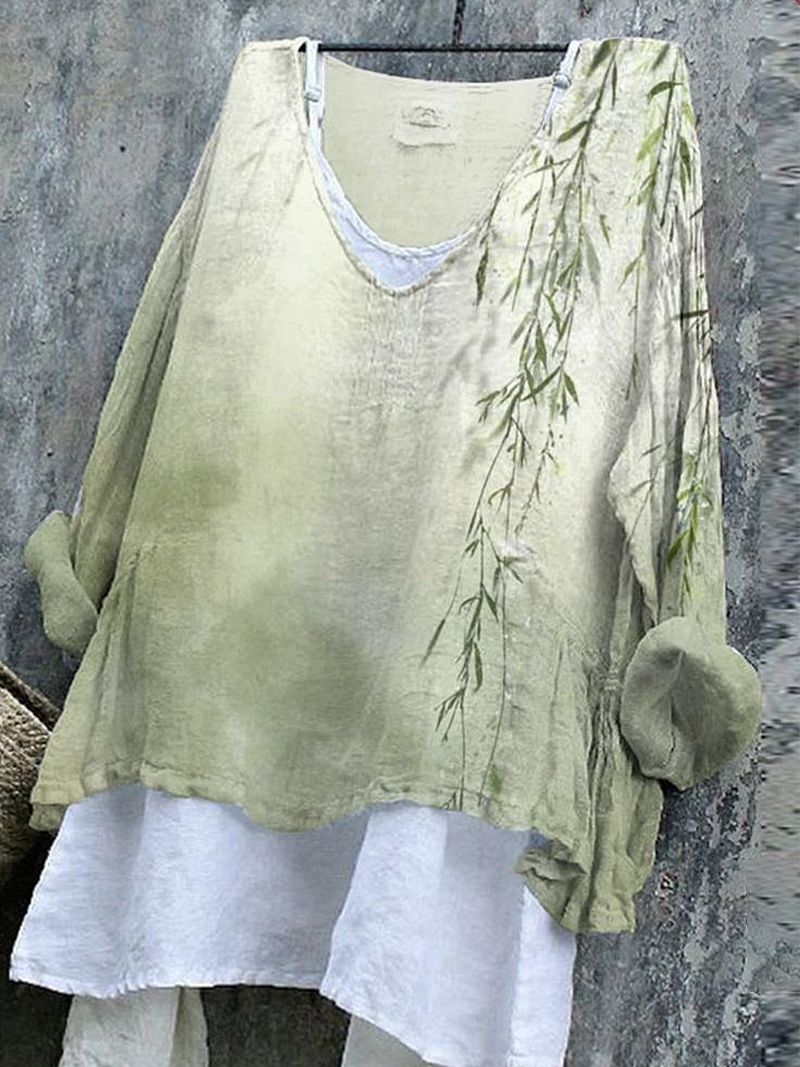 Women's Long Sleeve Blouse Spring/Fall Green Floral Printing V Neck Daily Going Out Casual Top