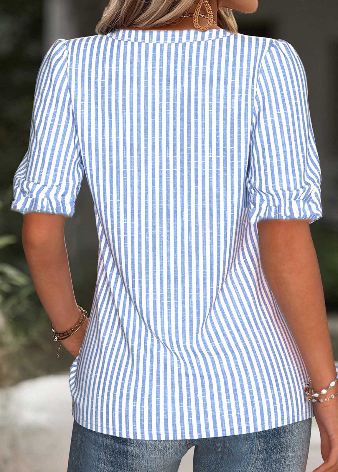 Loose V Neck Simple Striped T-Shirt
