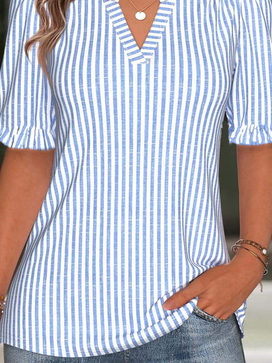 Loose V Neck Simple Striped T-Shirt