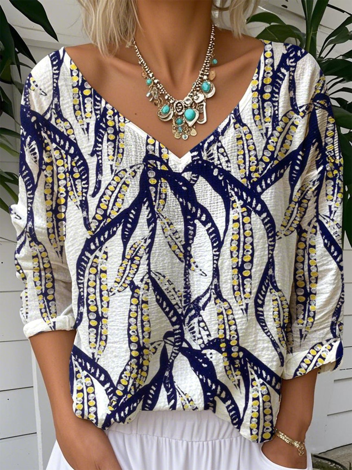 Casual Gradient Pattern V Neck Loose T-Shirt