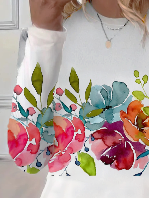 Women's Floral Print Spring Round Neck Casual Long Sleeve T-Shirt