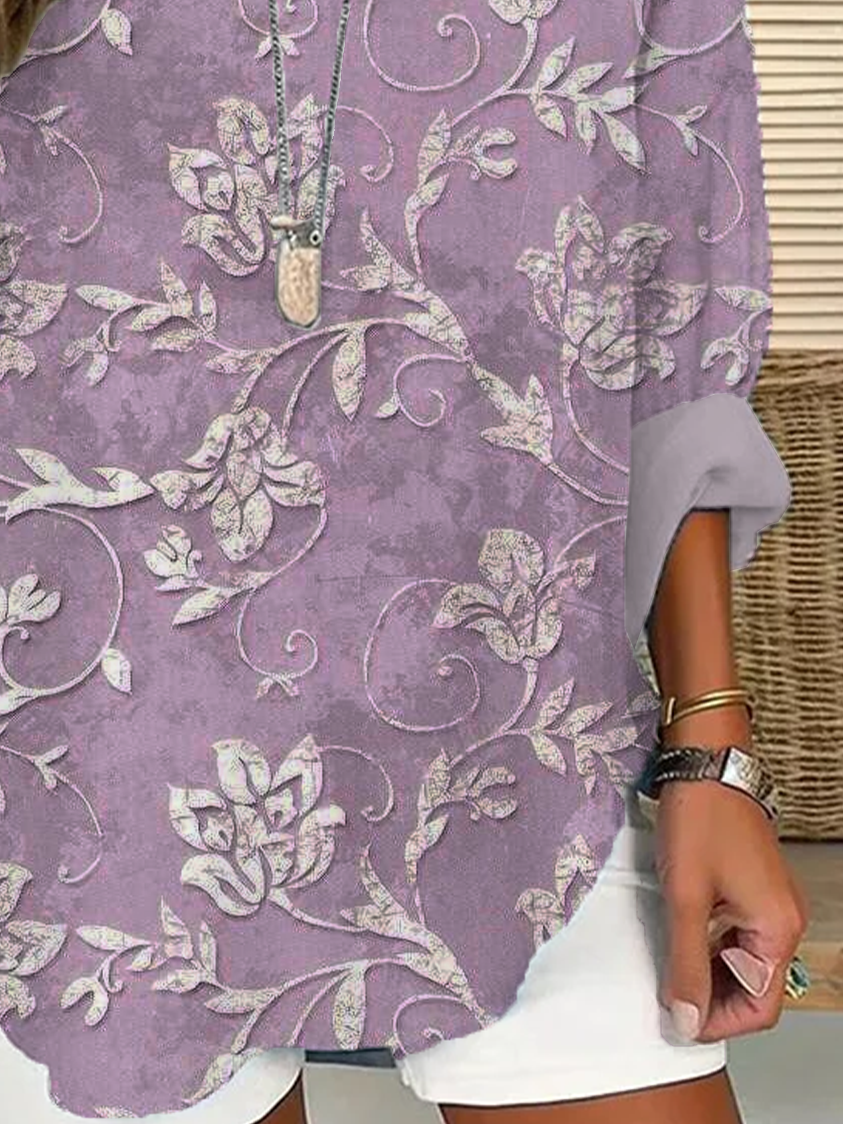 Women's Floral Print Casual V-Neck Shirt