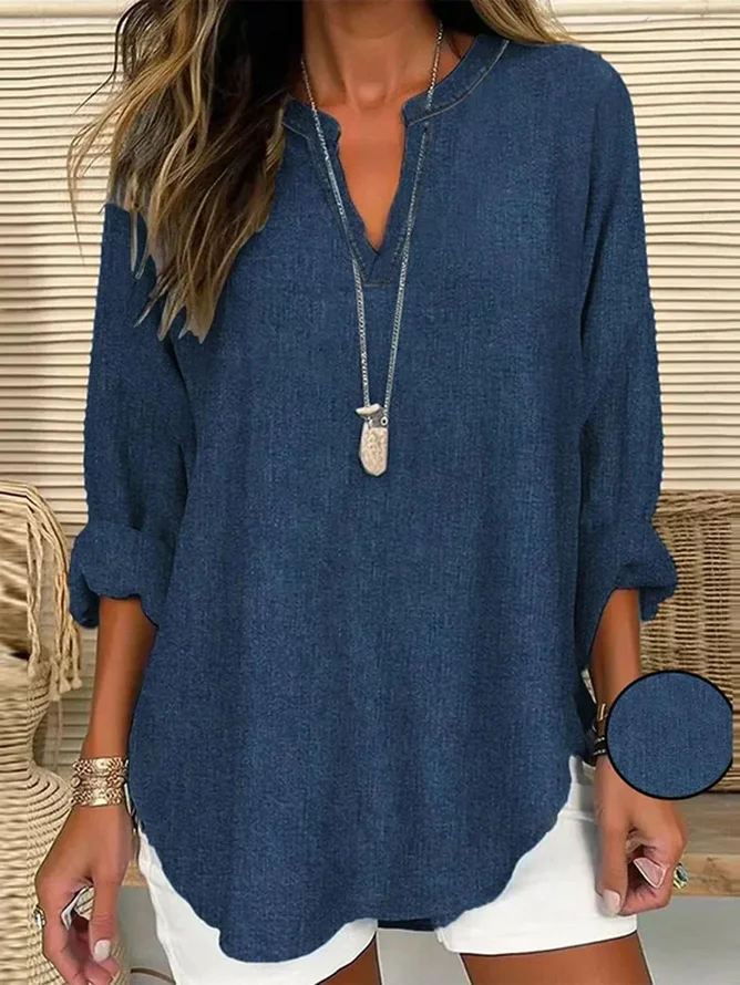 Women's Spring and Summer Imitation Denim Printed Casual Long Sleeve V-Neck Shirt