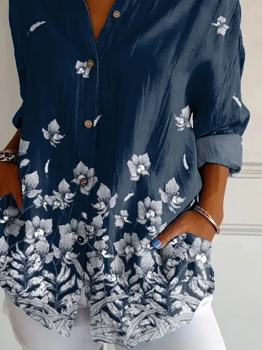 Women's Long Sleeve Shirt Spring/Fall Purplish blue Floral Buckle Shirt Collar Daily Going Out Casual Top