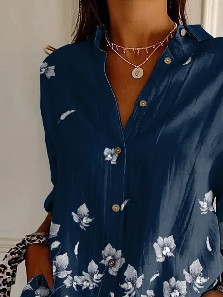 Women's Long Sleeve Shirt Spring/Fall Purplish blue Floral Buckle Shirt Collar Daily Going Out Casual Top