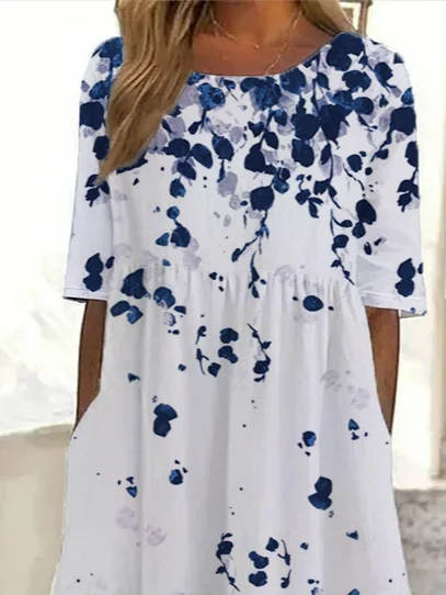 Women's Short Sleeve Summer White Floral Printing Crew Neck Daily Going Out Casual Maxi H-Line Shift Dress Dress